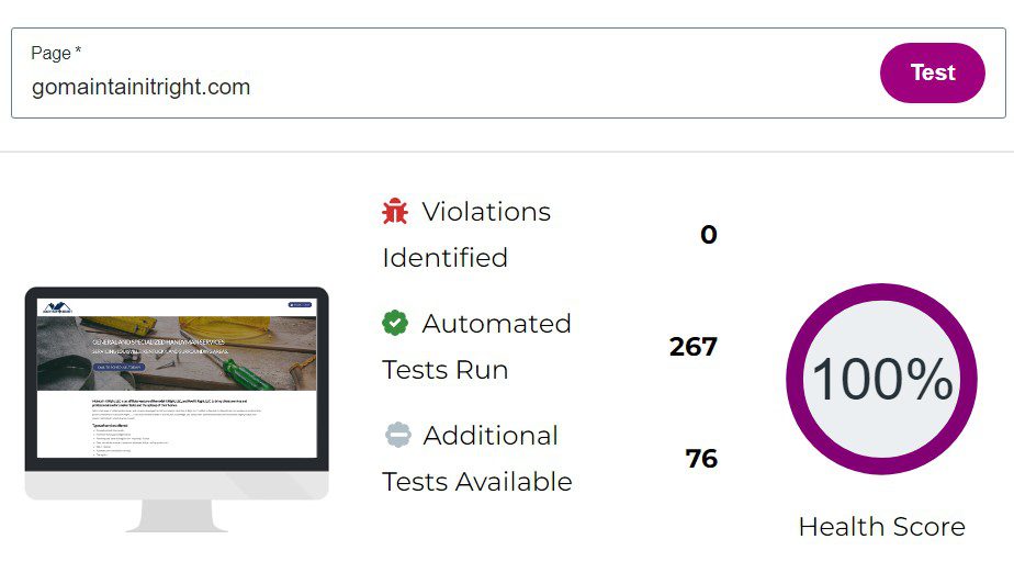 100% Accessibility score for Maintain It Right Website from Webaccessibility Checker